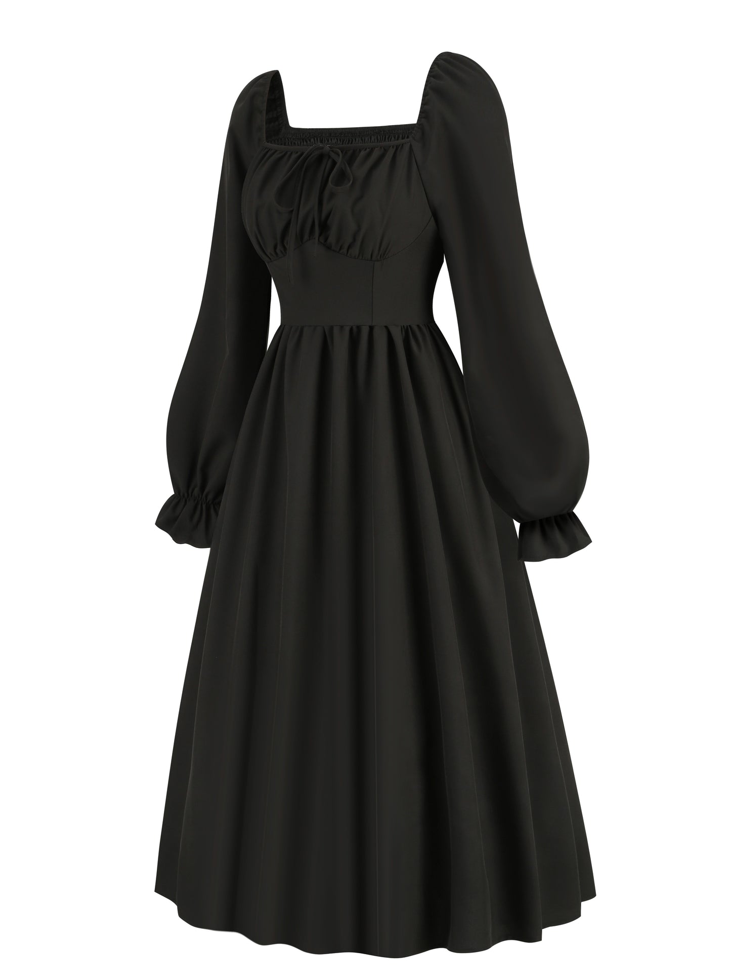 Antmvs Tie Front Lantern Long Sleeve Dress, Casual Solid Squared Neck Dress, Women's Clothing