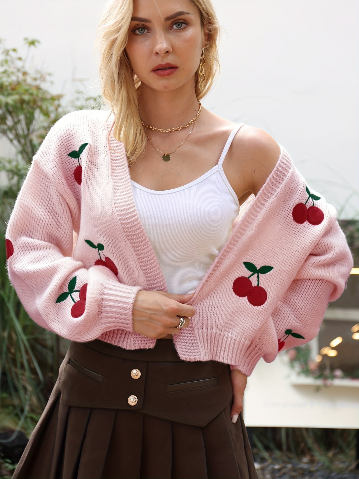 Antmvs Cherry Embroidered Knit Cardigan, Casual Open Front Long Sleeve Sweater, Women's Clothing
