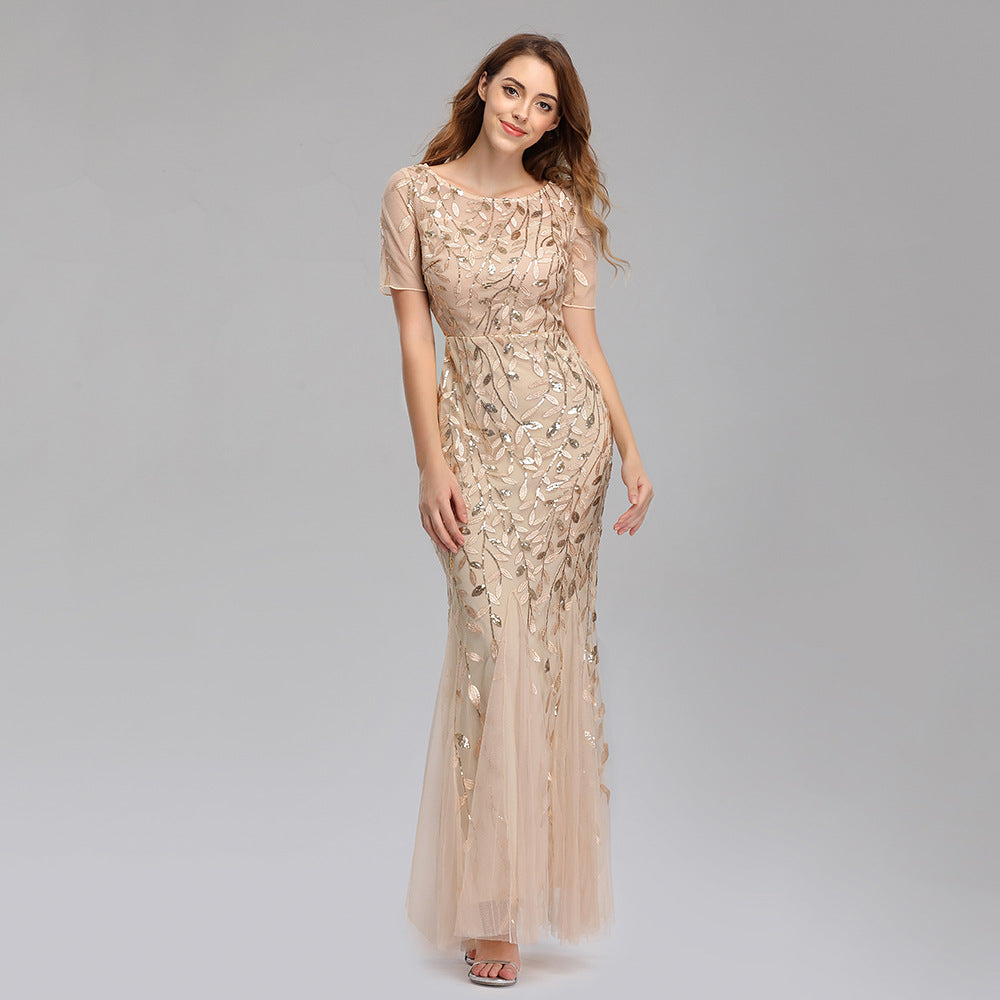 ANTMVS Spring and Summer Cross-Border Banquet Host European and American Slim Mesh Sequins Evening Dress Fishtail Dress Women