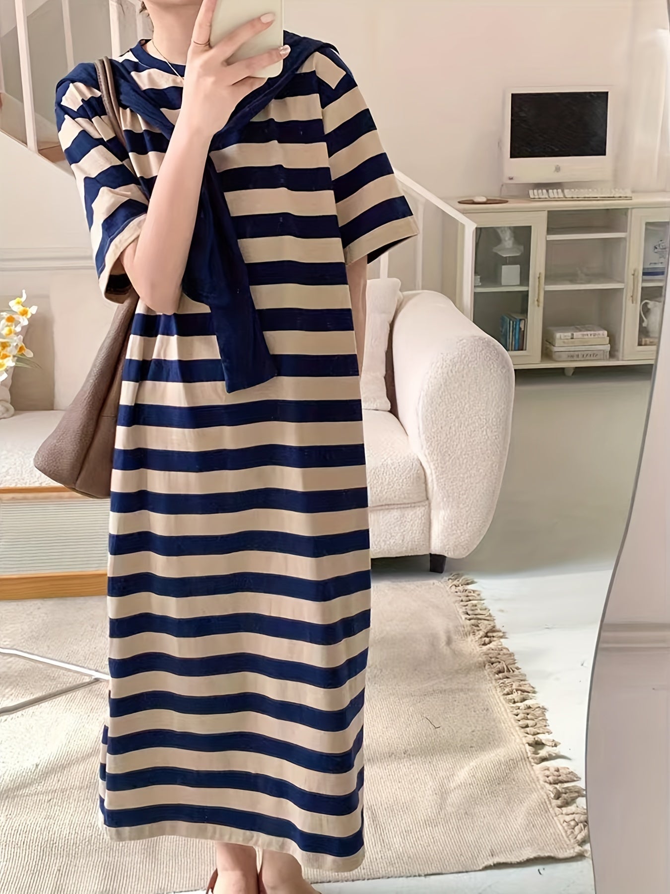 Antmvs Striped Print Crew Neck Dress, Casual Short Sleeve Summer Dress, Women's Clothing