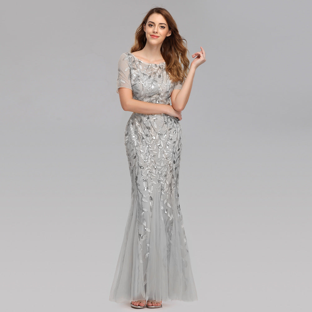 ANTMVS Spring and Summer Cross-Border Banquet Host European and American Slim Mesh Sequins Evening Dress Fishtail Dress Women
