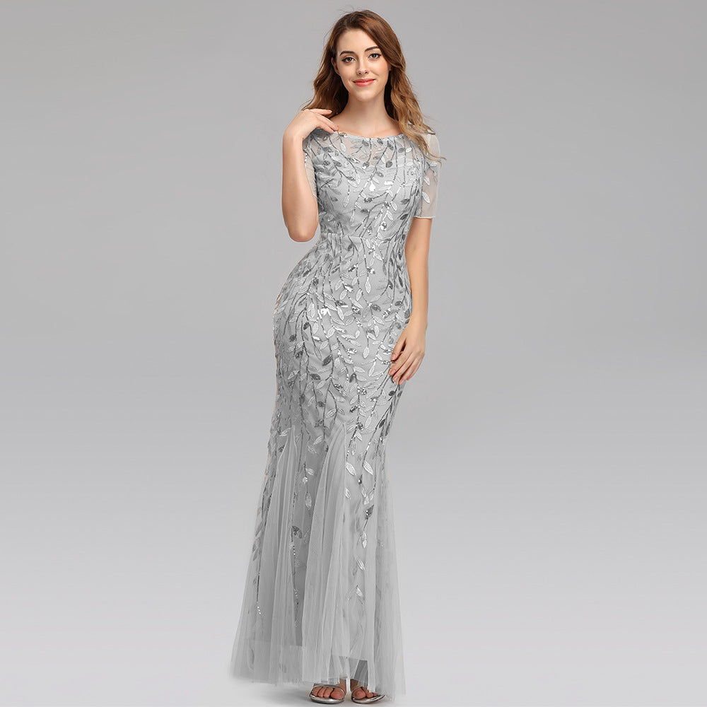 ANTMVS Spring and Summer Cross-Border Banquet Host European and American Slim Mesh Sequins Evening Dress Fishtail Dress Women