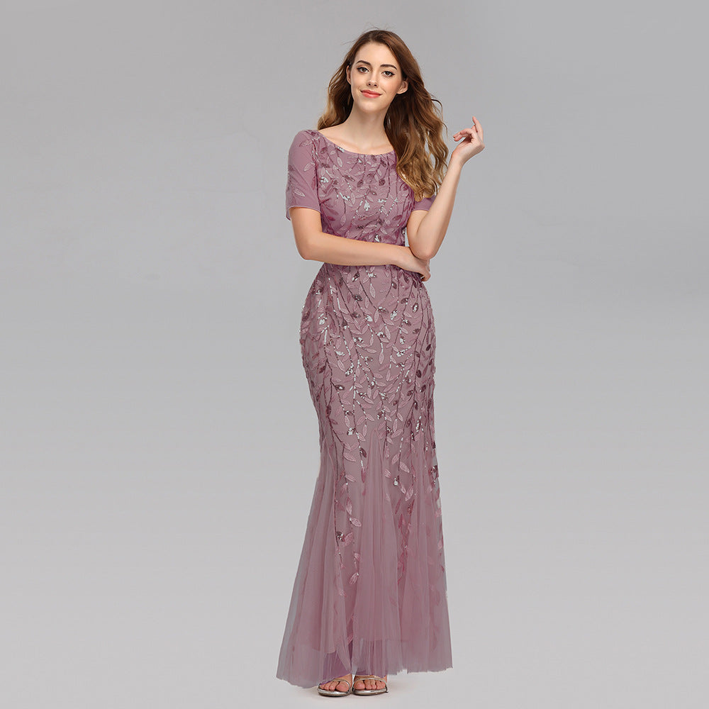 ANTMVS Spring and Summer Cross-Border Banquet Host European and American Slim Mesh Sequins Evening Dress Fishtail Dress Women