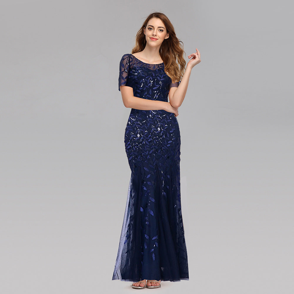 ANTMVS Spring and Summer Cross-Border Banquet Host European and American Slim Mesh Sequins Evening Dress Fishtail Dress Women