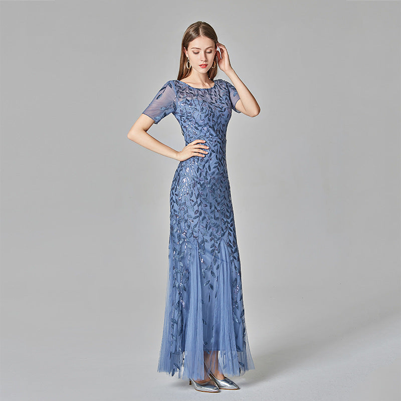 ANTMVS Spring and Summer Cross-Border Banquet Host European and American Slim Mesh Sequins Evening Dress Fishtail Dress Women