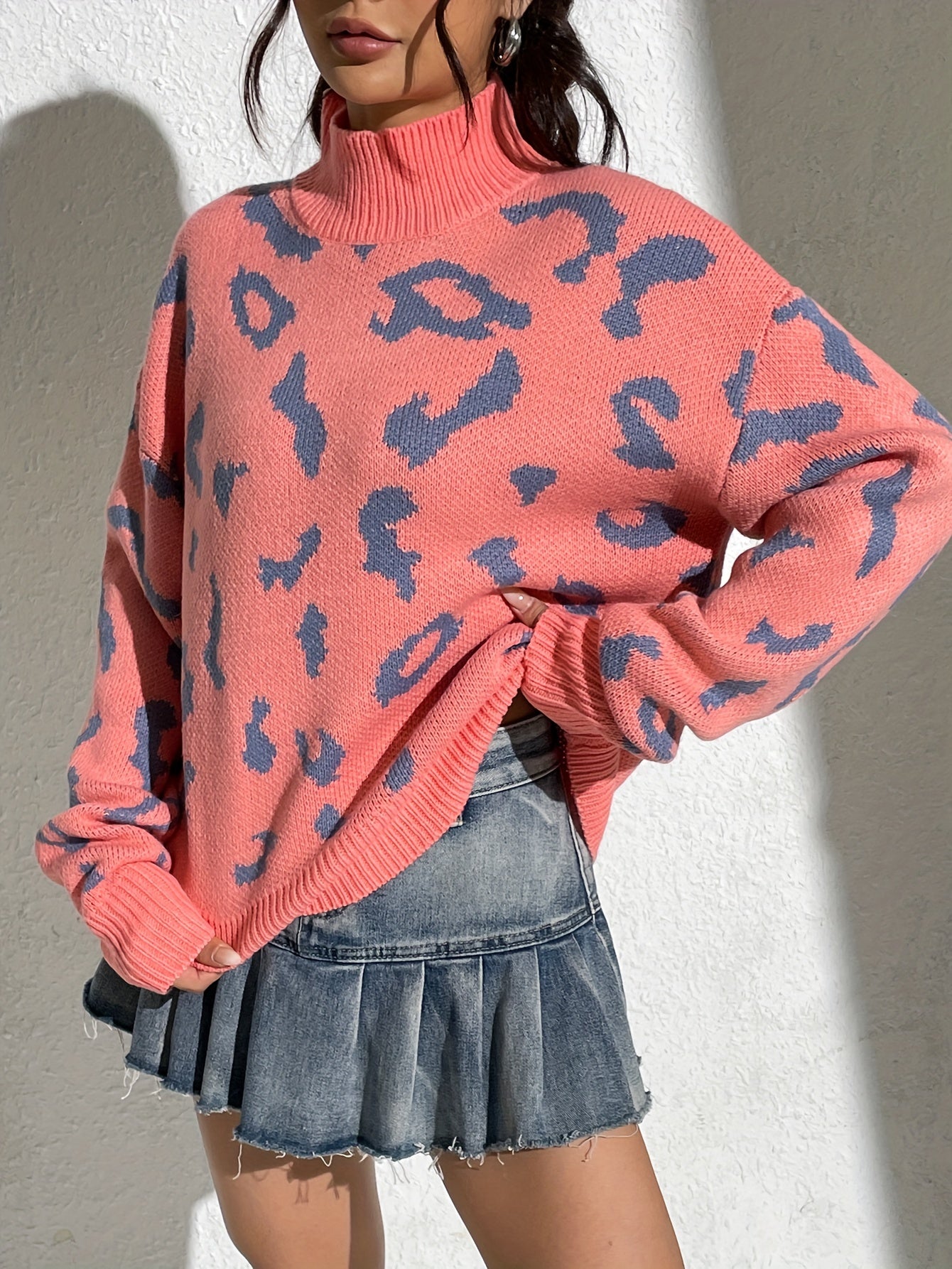 Antmvs Leopard Turtle Neck Pullover Sweater, Casual Long Sleeve Drop Shoulder Sweater, Women's Clothing