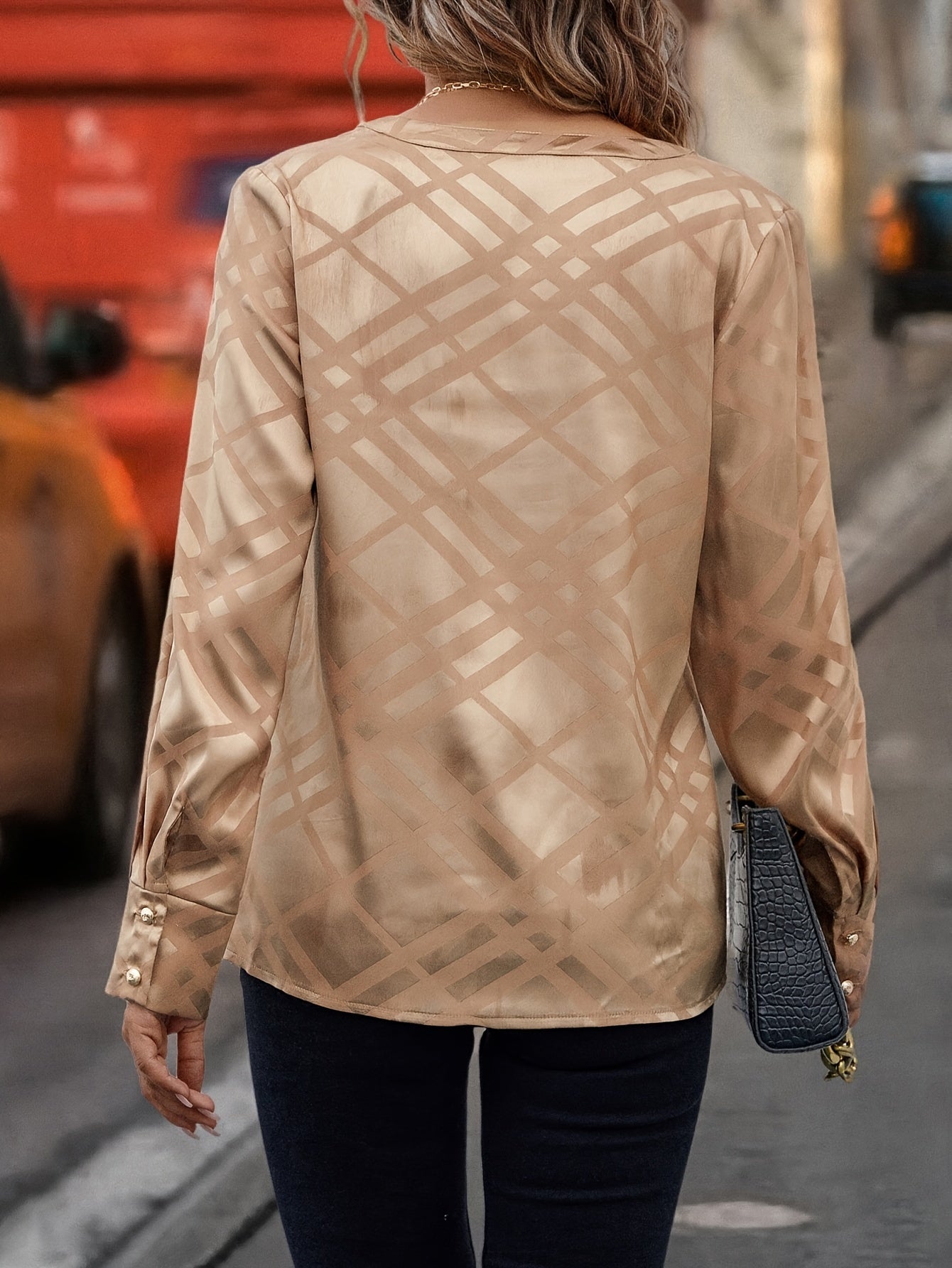 Antmvs Solid V Neck Blouse, Elegant Long Sleeve Blouse For Spring & Fall, Women's Clothing