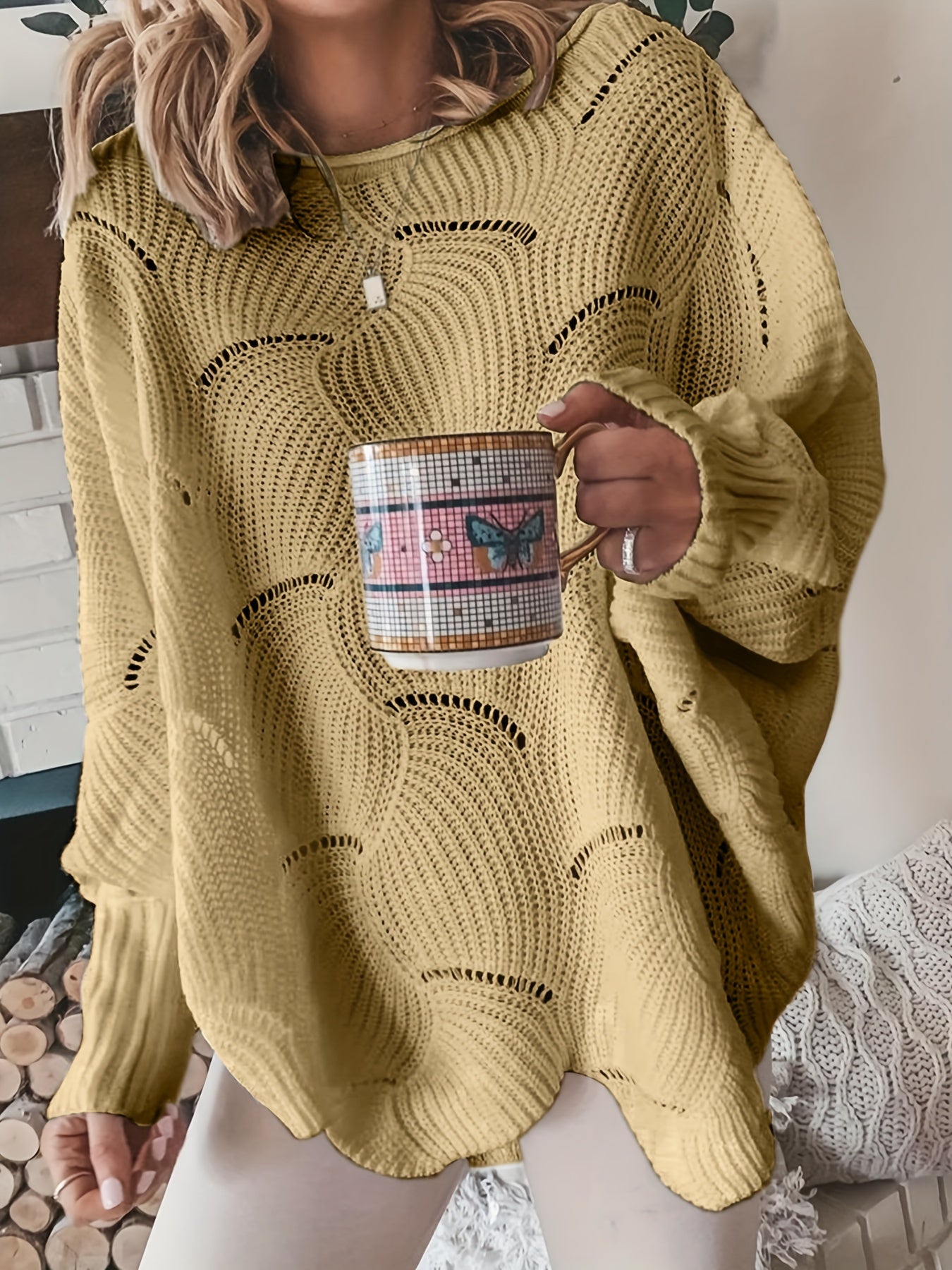 Antmvs Solid Cutout Irregular Hem Knit Sweater, Casual Crew Neck Long Sleeve Pullover Sweater, Women's Clothing