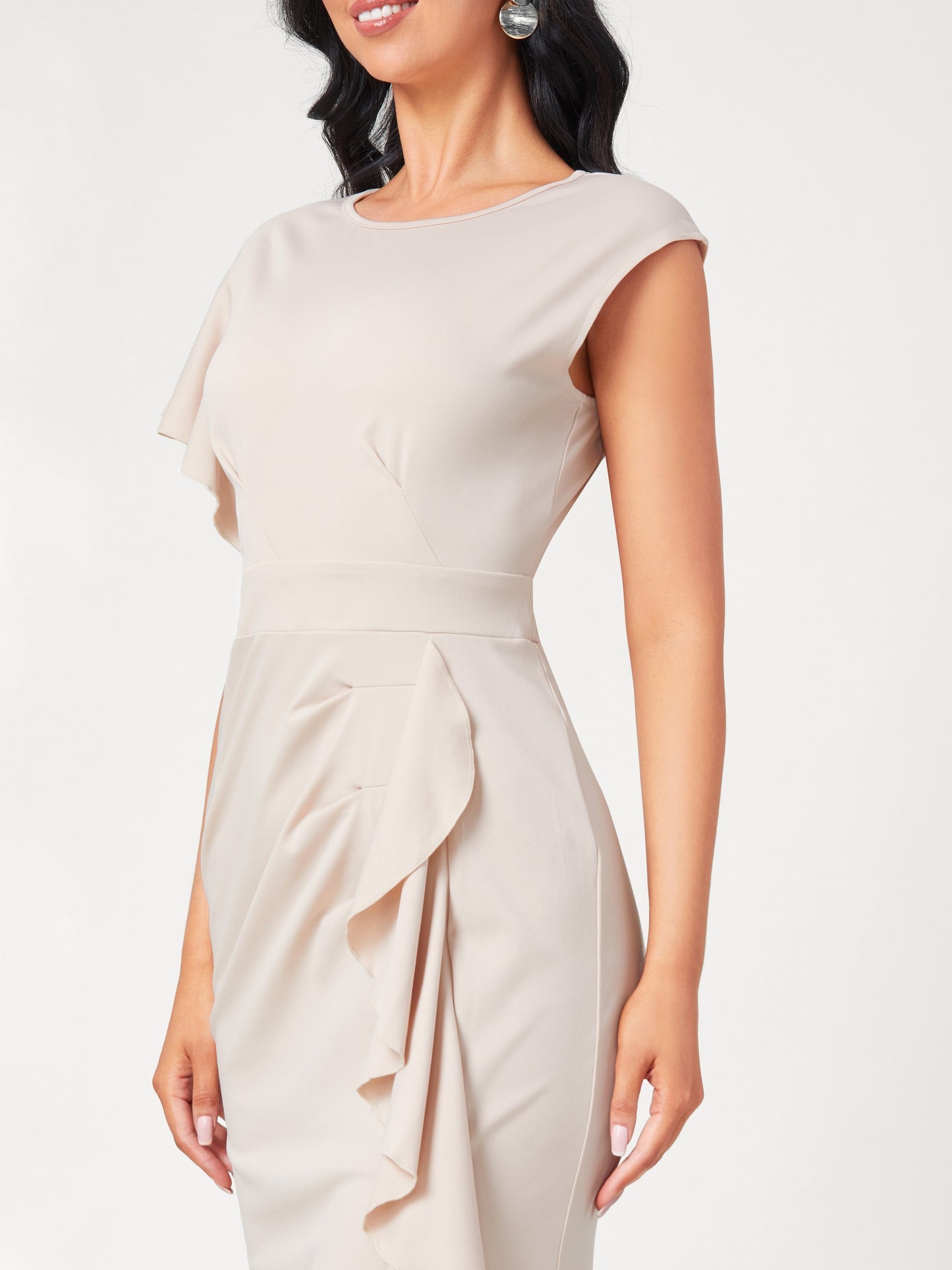 Antmvs Ruffle Trim Split Asymmetrical Dress, Elegant Solid Bodycon Party Dress, Women's Clothing