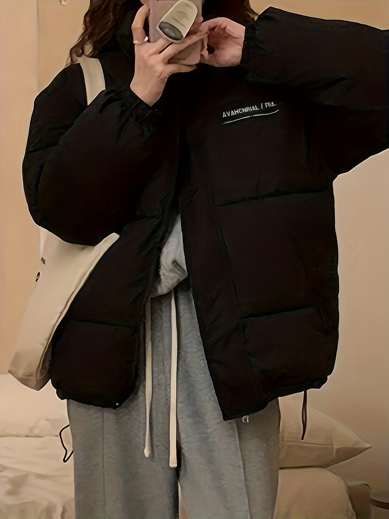 Antmvs Zip Up Letter Print Puffy Coat, Long Sleeve Slant Pockets Outwear For Winter, Women's Clothing