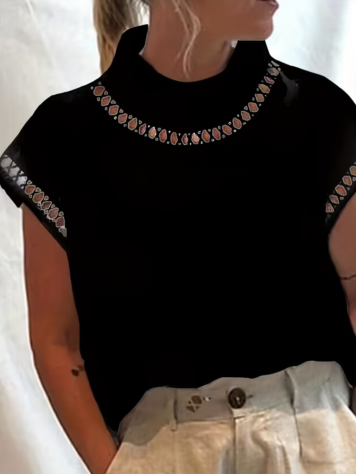Antmvs Solid Cut Out Blouse, Casual Stand Collar Short Sleeve Simple Blouse, Women's Clothing