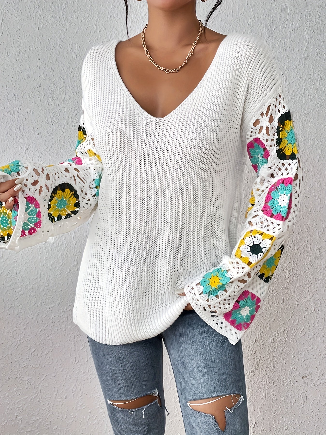 Antmvs Floral Pattern V Neck Knit Sweater, Casual Long Sleeve Pullover Sweater, Women's Clothing