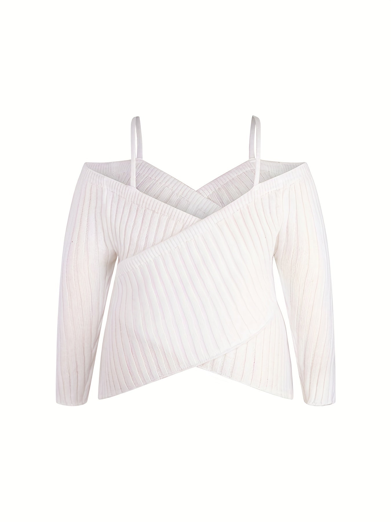 Antmvs Plus Size Sexy Sweater, Women's Plus Plain Ribbed Cold Shoulder V Neck Sweater Top