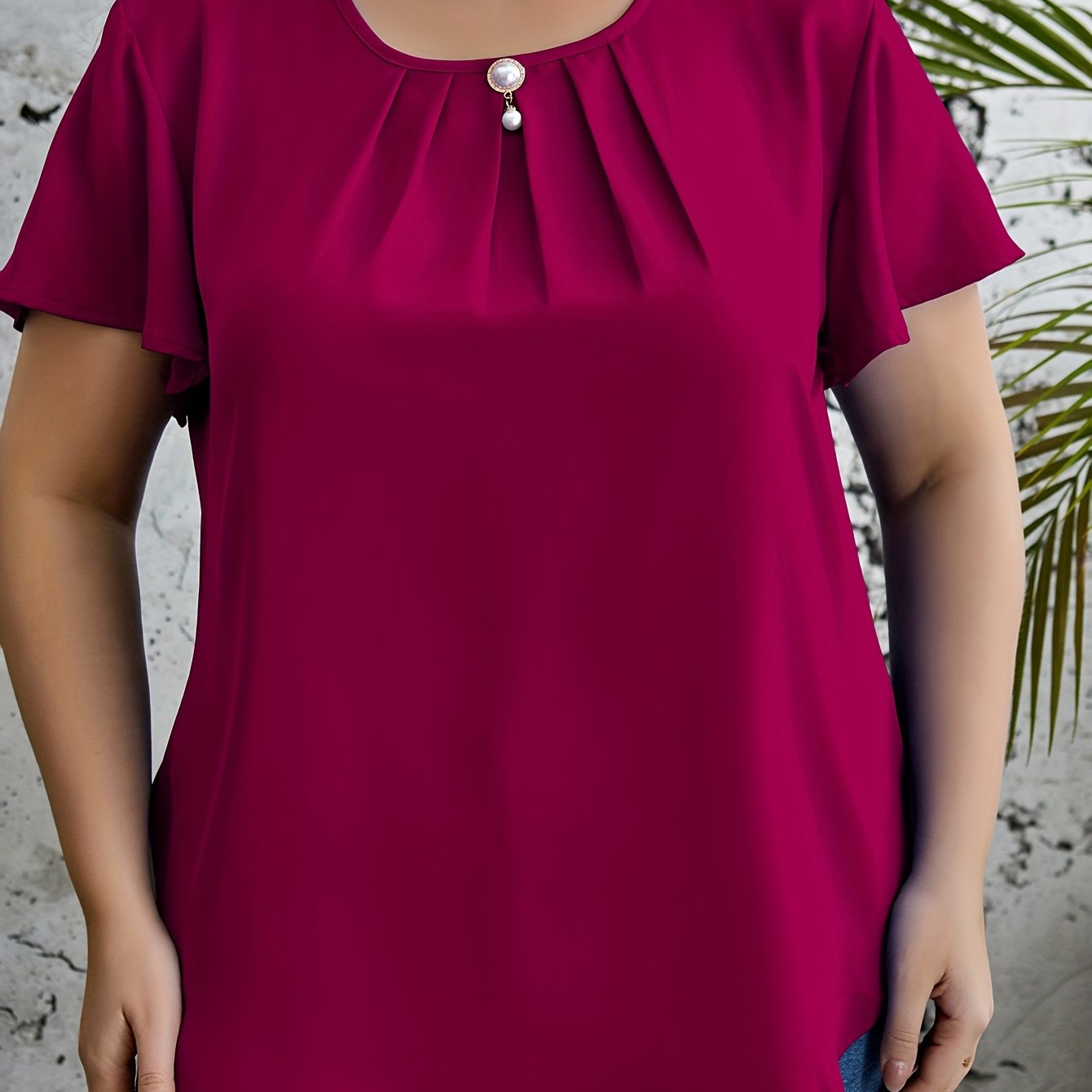 Plus Size Chic Ruched Blouse - Flattering Solid Colors, Crew Neck, Short Sleeves - Perfect Casual Style for Spring & Summer - Curvy Womens Fashion Clothing