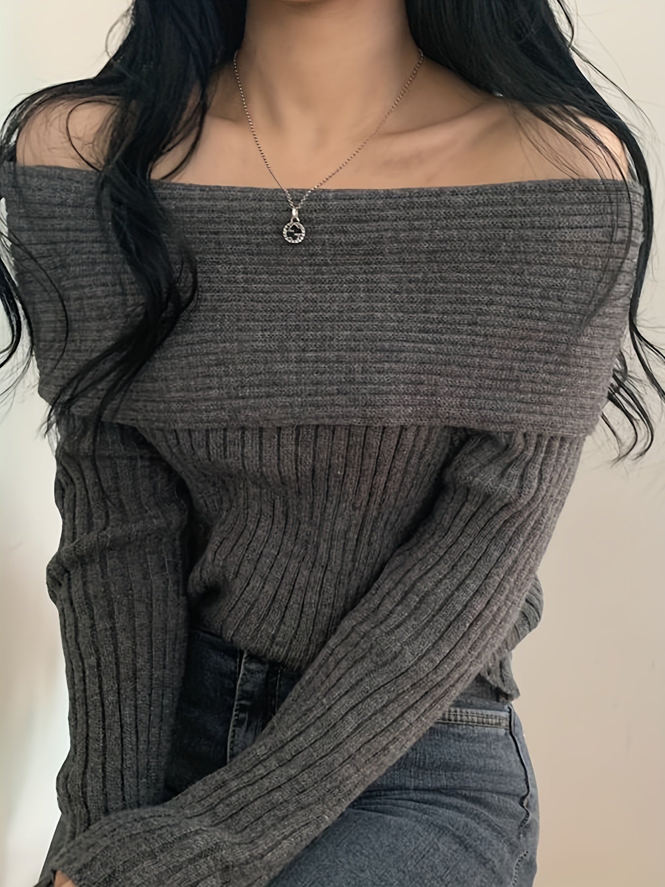 Antmvs Solid Off Shoulder Pullover Sweater, Casual Long Sleeve Fashion Sweater, Women's Clothing