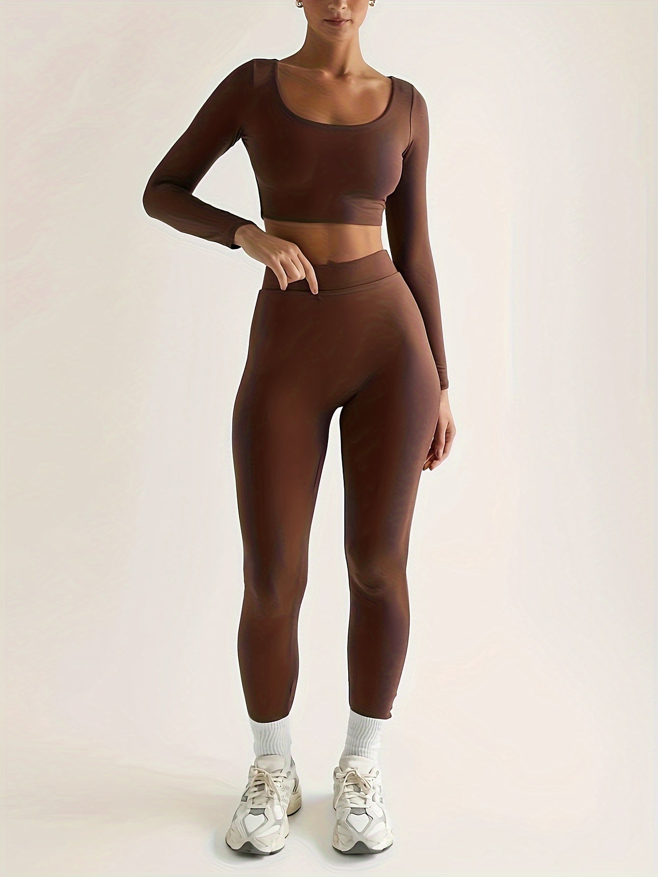 Antmvs Solid Slim Two-piece Set, Casual Long Sleeve Crop Top & High Waist Skinny Pants Outfits, Women's Clothing
