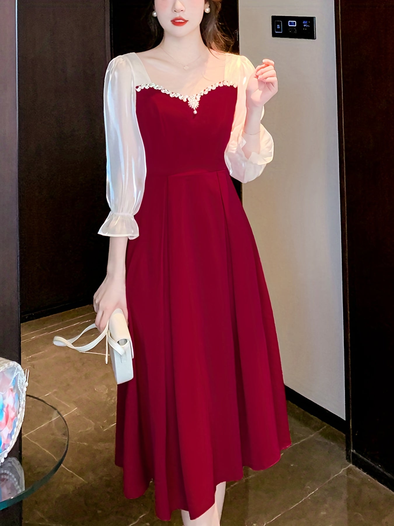 Antmvs Contrast Trim Mesh Lantern Sleeve Dress, Stylish A-line Flared Dress, Women's Clothing