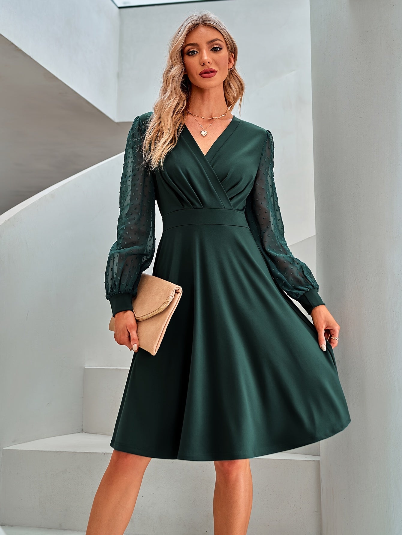 Antmvs Swiss Dot Lantern Sleeve Dress, Elegant Surplice Neck A-line Dress, Women's Clothing