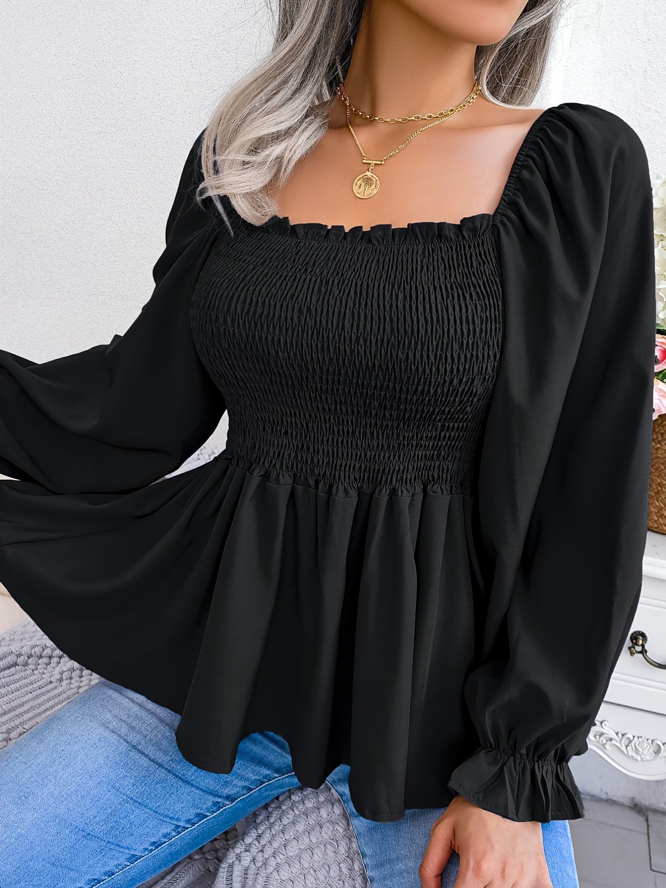 Antmvs Shirred Lantern Sleeve Shirt, Casual Squared Neck Pleated Ruffle Trim Solid Shirt, Women's Clothing