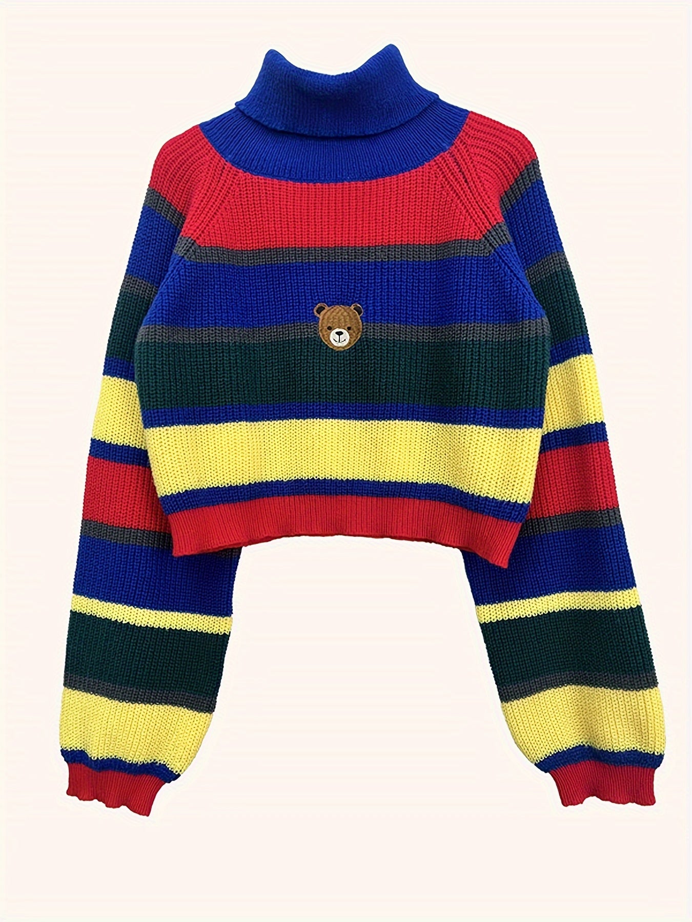 Antmvs Bear Pattern Striped Pullover Sweater, Cute Turtle Neck Long Sleeve Crop Sweater, Women's Clothing