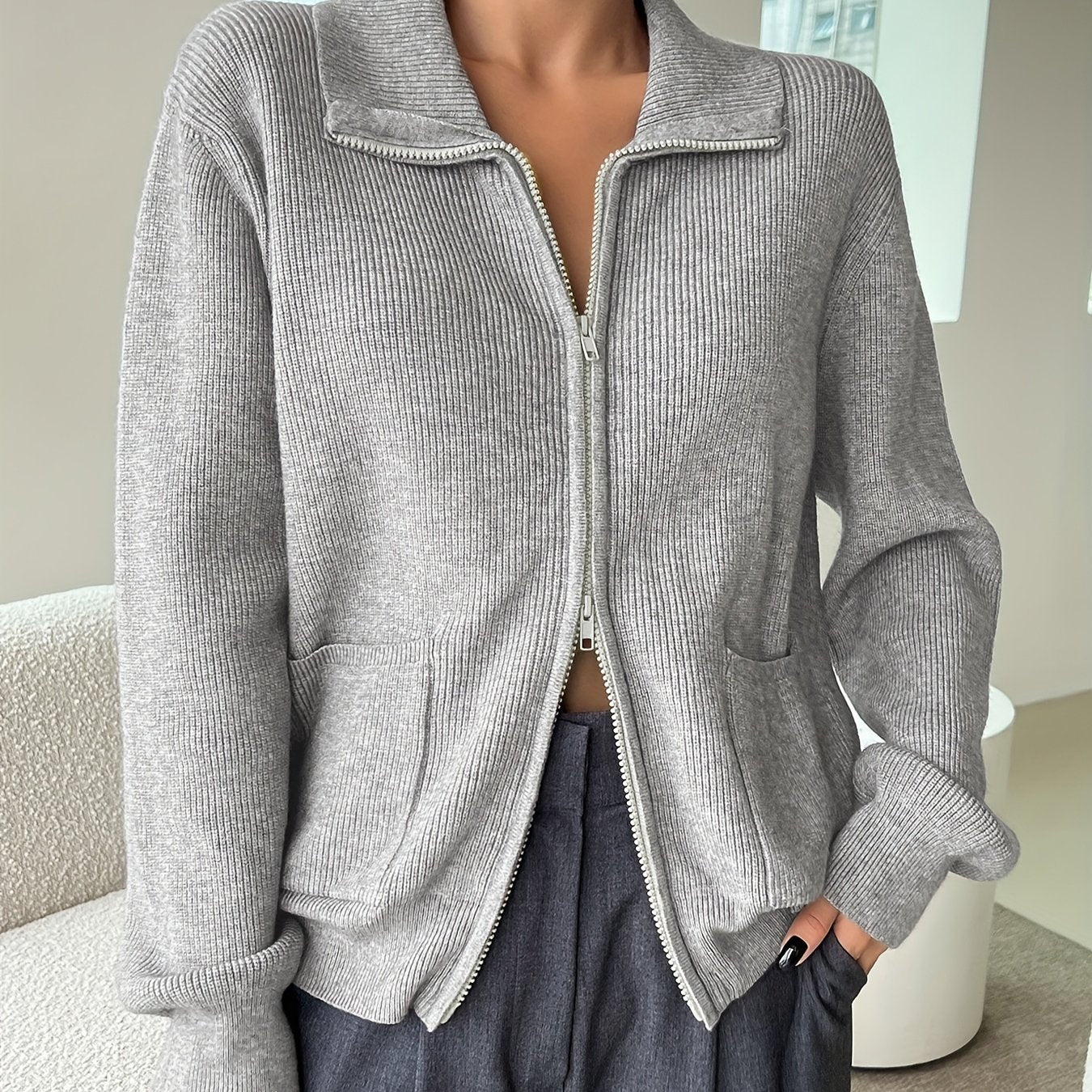 Antmvs Y2K Solid Zip Up Cardigan, Turndown Collar Long Sleeve Sweater For Fall & Winter, Women's Clothing