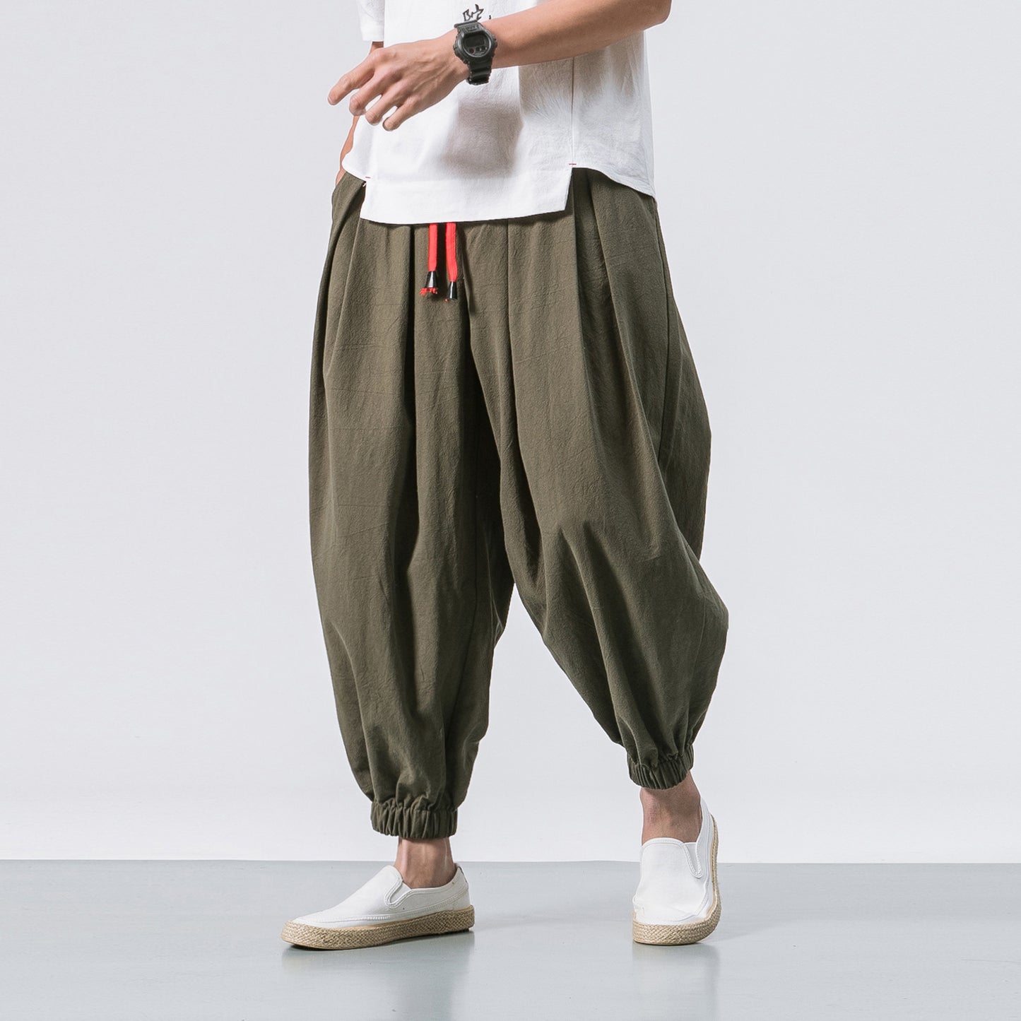 ANTMVS Chinese Style Japanese Style Linen Casual Pants Men's Cropped Loose Wide Leg Ankle-Tied Fat Fashion Brand plus-Sized plus Size Harem Pants