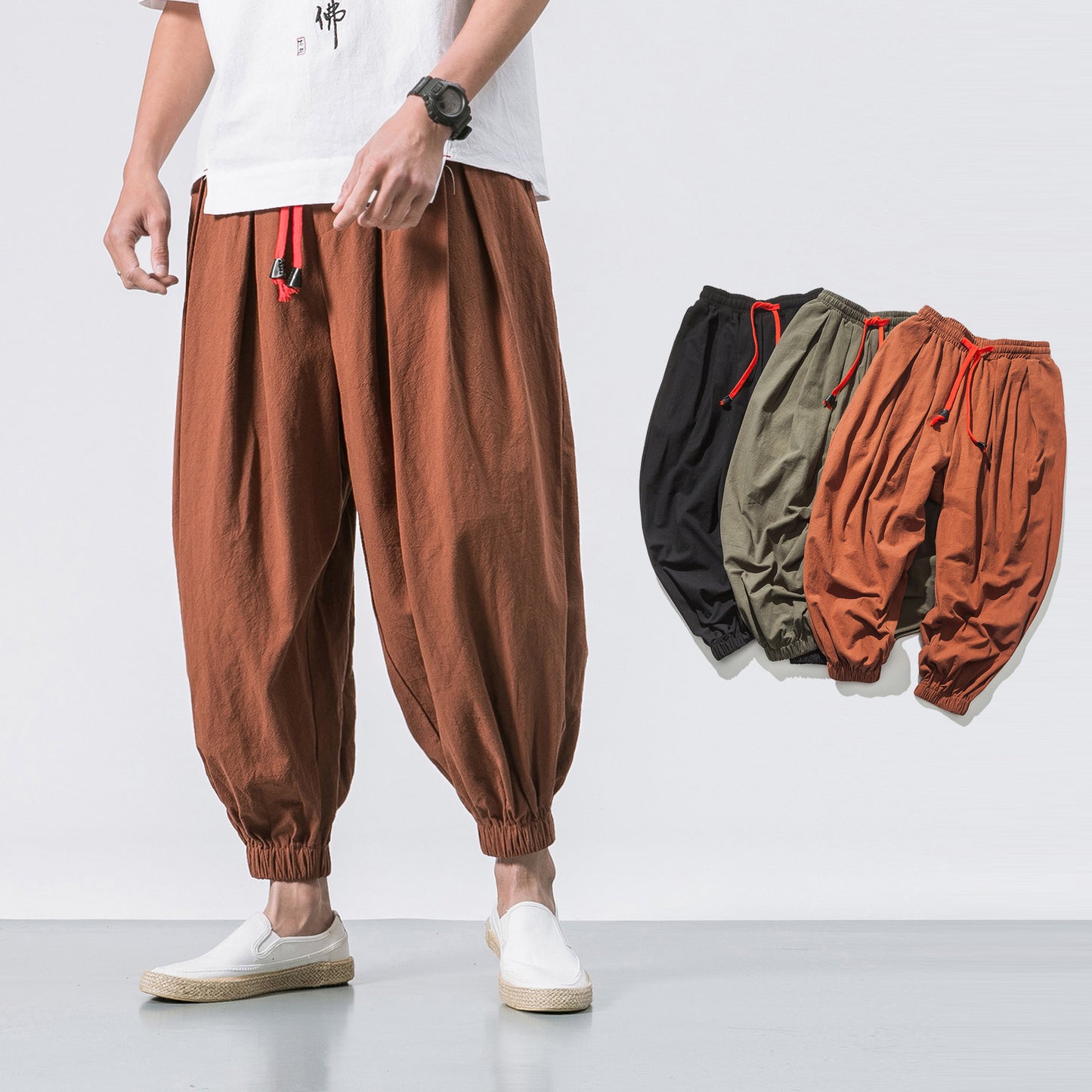 ANTMVS Chinese Style Japanese Style Linen Casual Pants Men's Cropped Loose Wide Leg Ankle-Tied Fat Fashion Brand plus-Sized plus Size Harem Pants