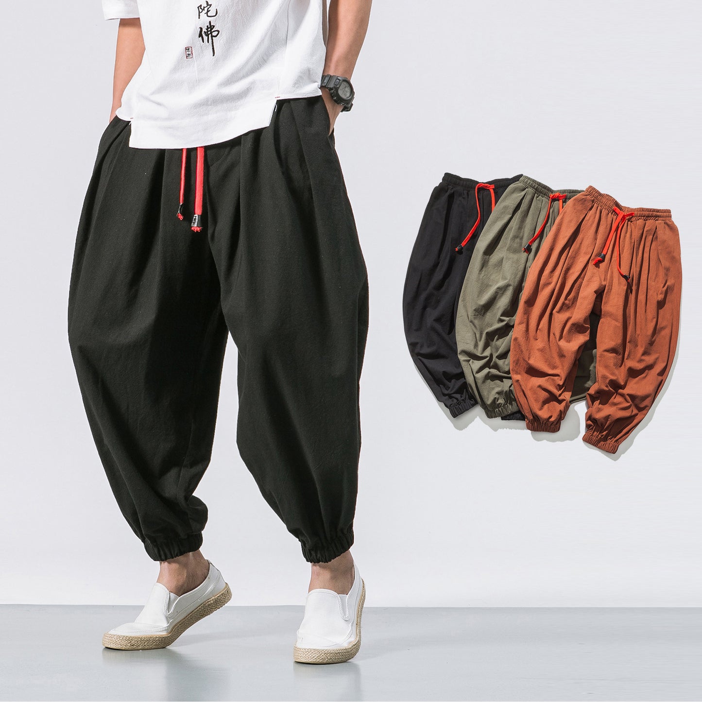 ANTMVS Chinese Style Japanese Style Linen Casual Pants Men's Cropped Loose Wide Leg Ankle-Tied Fat Fashion Brand plus-Sized plus Size Harem Pants