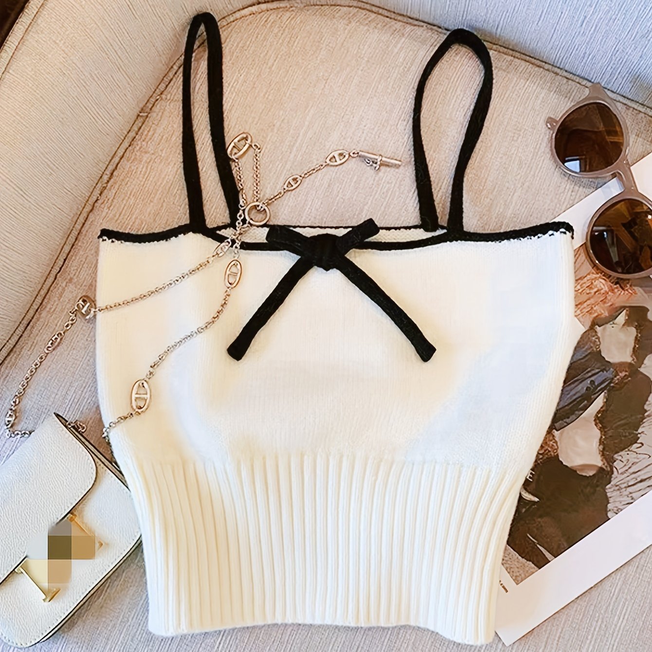 Antmvs Contrast Trim Spaghetti Strap Top, Casual Straight Neck Knit Cami Top, Women's Clothing