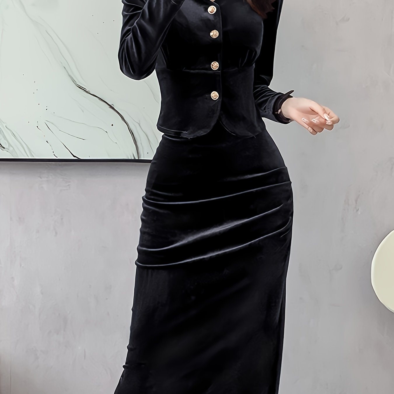 Antmvs Solid Bodycon Two-piece Set, Button Front Long Sleeve Tops & High Waist Midi Skirts Outfits, Women's Clothing