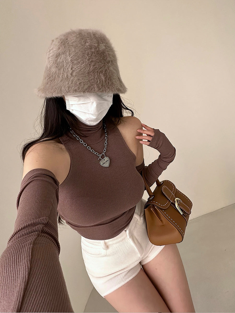 Antmvs Hyolin Solid Color Sleeveless Turtleneck Gloved Slim Ruched Top