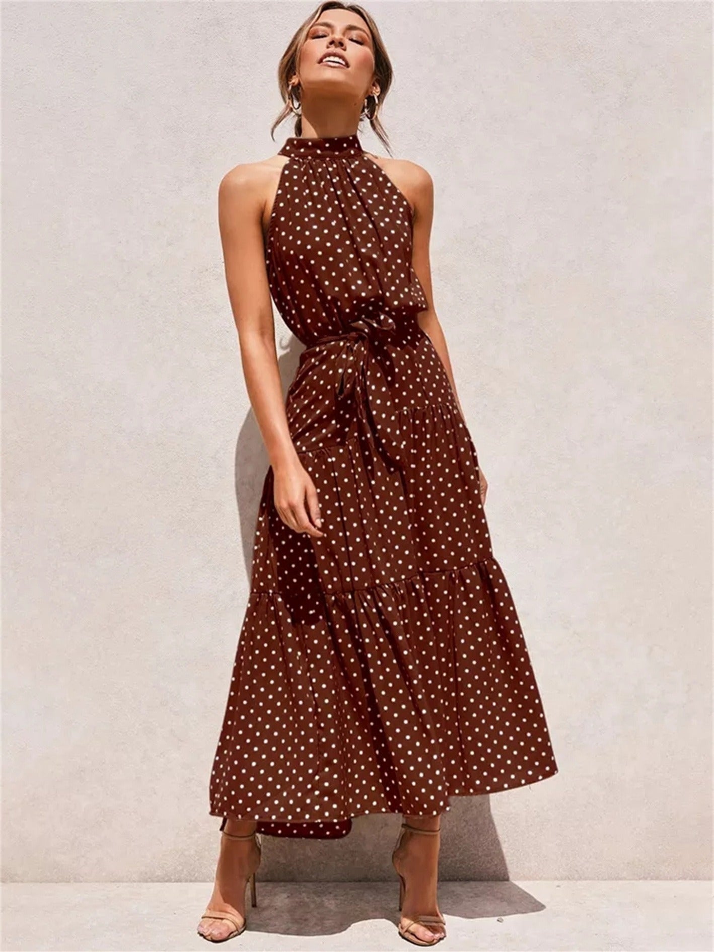 Antmvs Women's Dreses Halter Strapless Neck Floral Print Summer Vacation Dresses
