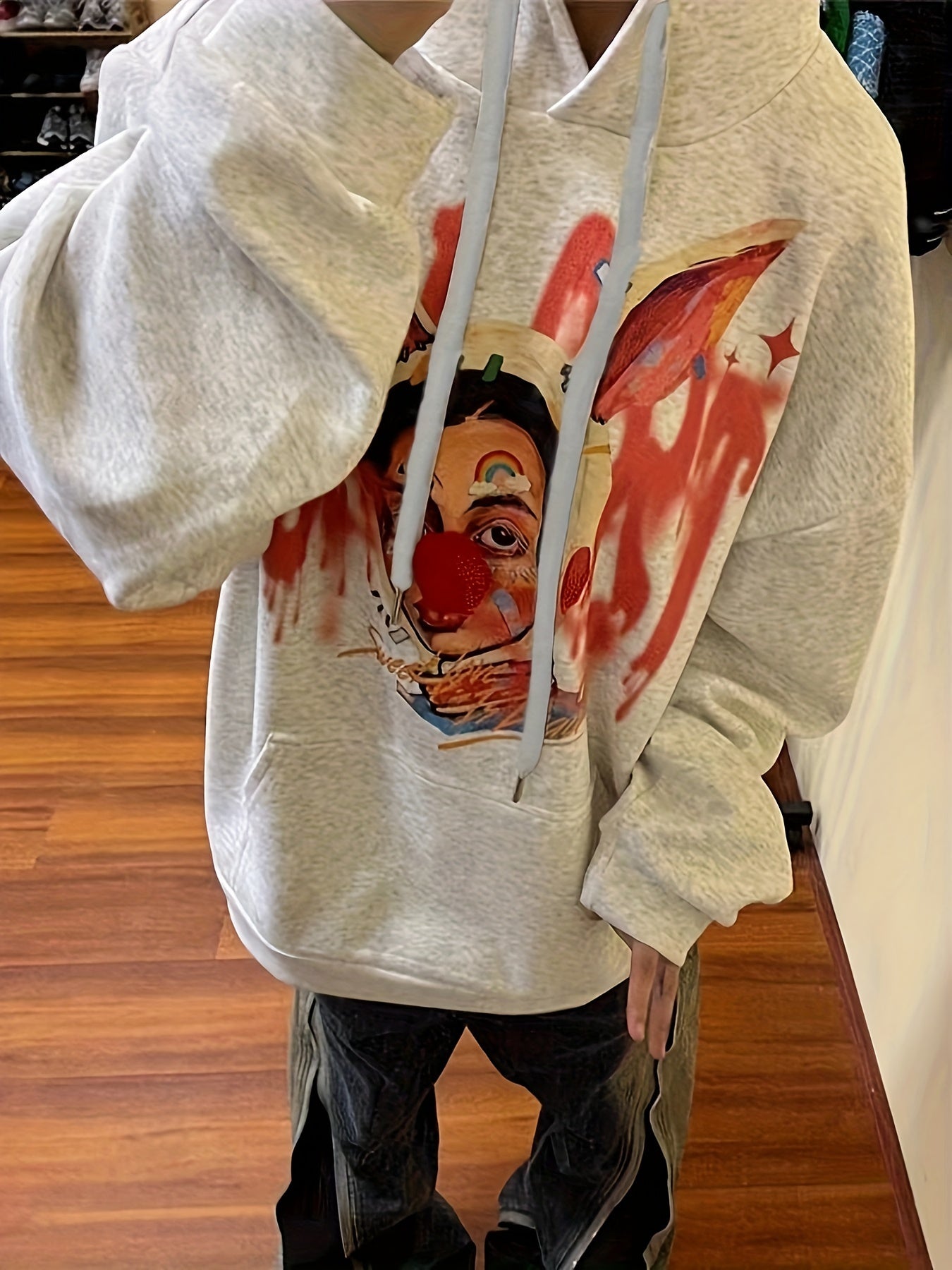 Antmvs Graphic Print Drawstring Hoodie, Vintage Long Sleeve Drop Shoulder Hoodie, Women's Clothing