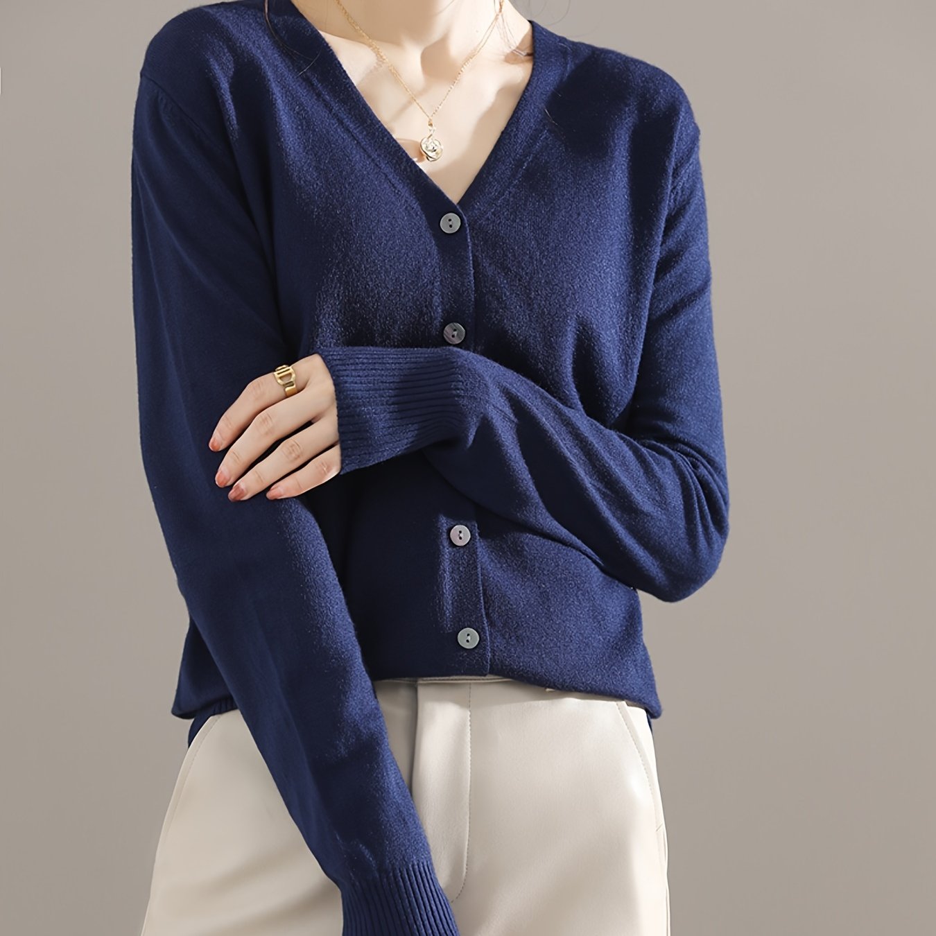Antmvs Elegant V-neck Solid Cardigan, Long Sleeve Cardigan For Spring & Fall, Women's Clothing