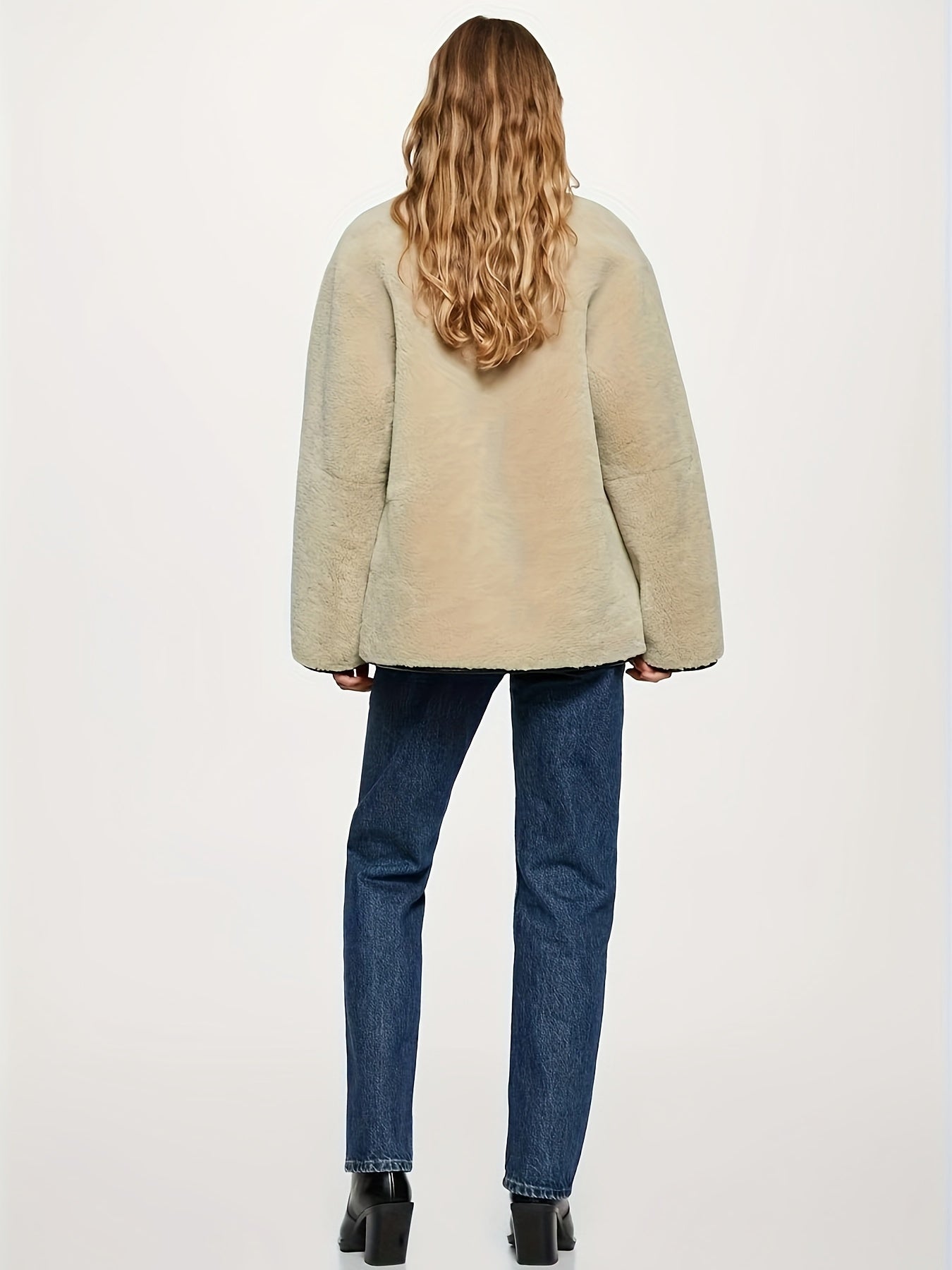 Antmvs Faux Fur Button Front Coat, Casual Long Sleeve Coat For Fall & Winter, Women's Clothing