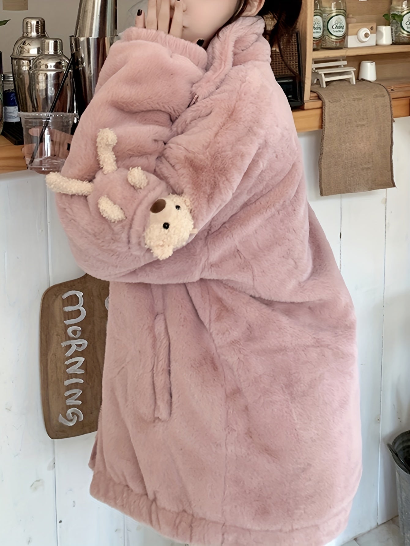Antmvs Teddy Decor Zip Front Plush Coat, Long Sleeve Slant Pockets Outerwear For Fall & Winter, Women's Clothing