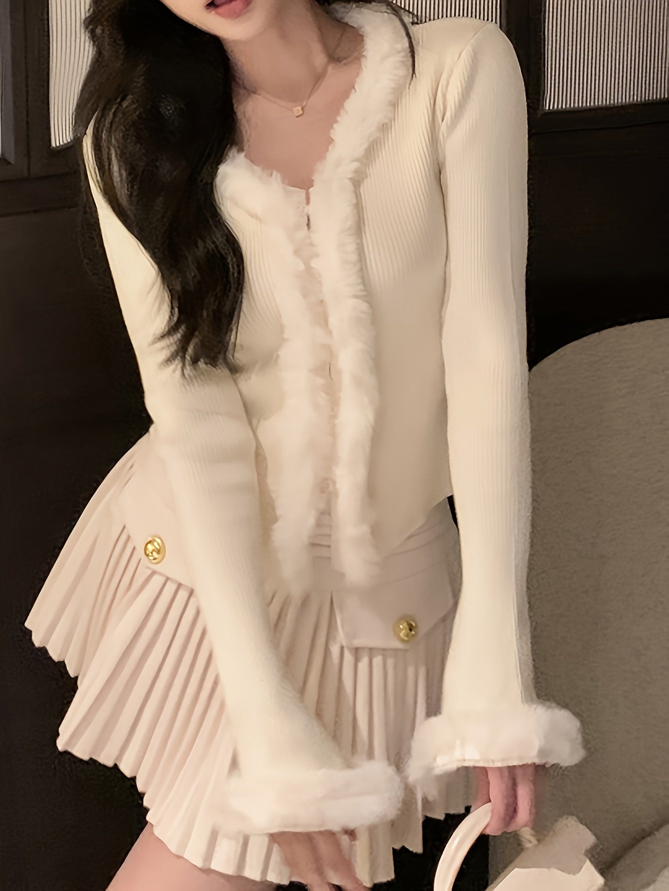 Antmvs Solid Faux Fur Decor V-neck Cardigan, Elegant Long Sleeve Slim Knit Cardigan For Fall & Winter, Women's Clothing