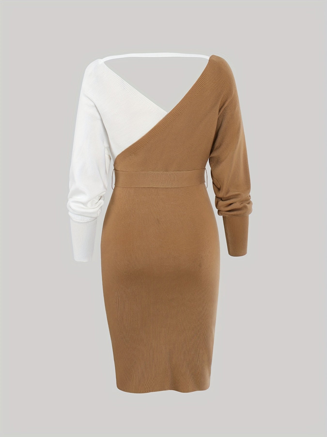 Antmvs Color Block Backless Dress, Casual V Neck Long Sleeve Bodycon Dress, Women's Clothing
