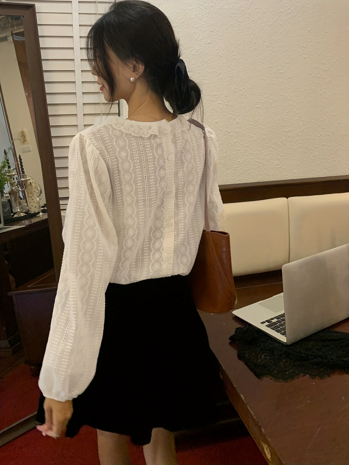 Antmvs Contrast Lace Solid Blouse, Casual Crew Neck Lantern Sleeve Blouse, Women's Clothing