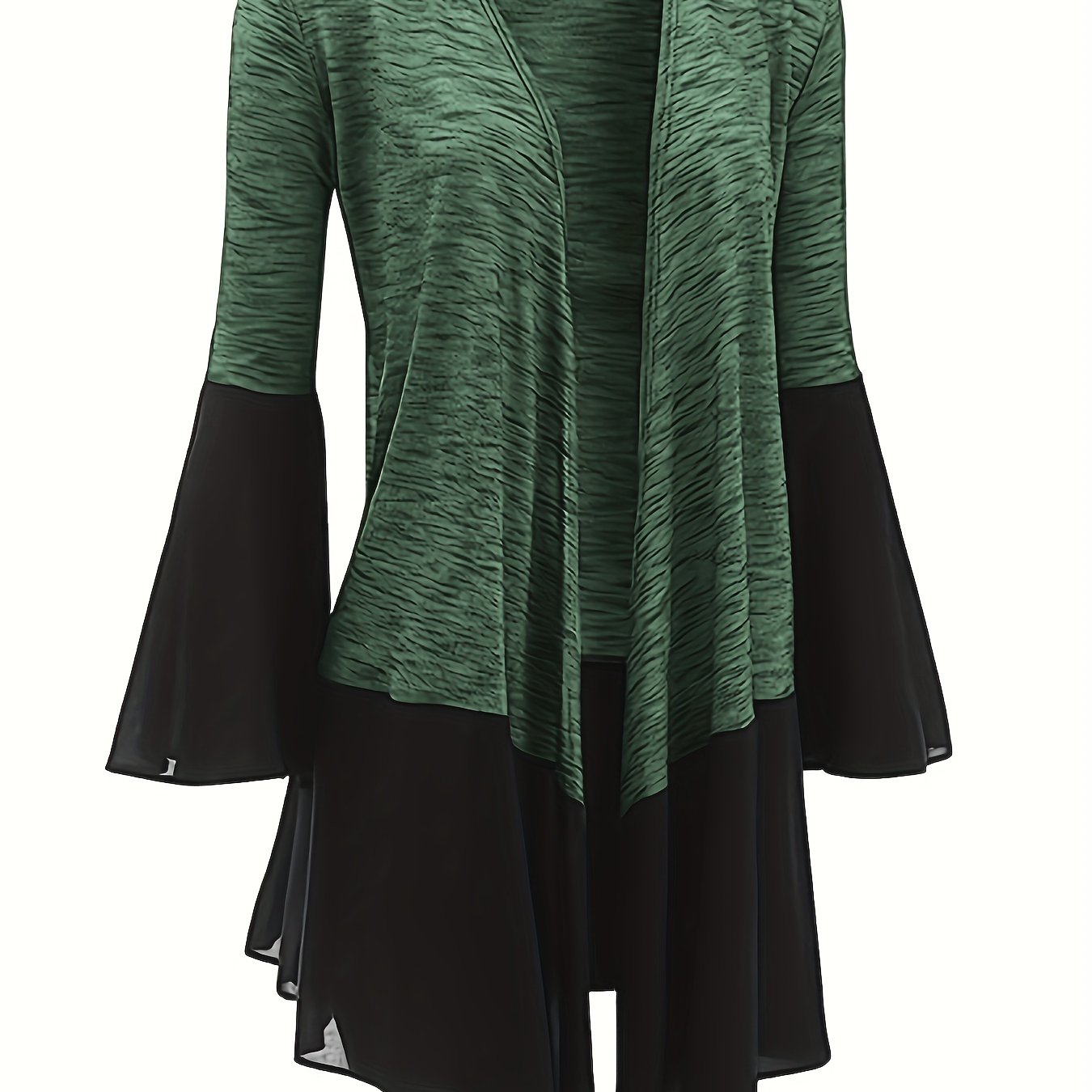 Antmvs Plus Size Elegant Overcoat, Women's Plus Contrast Mesh Bell Sleeve Open Front Slight Stretch Asymmetric Hem Cardigan