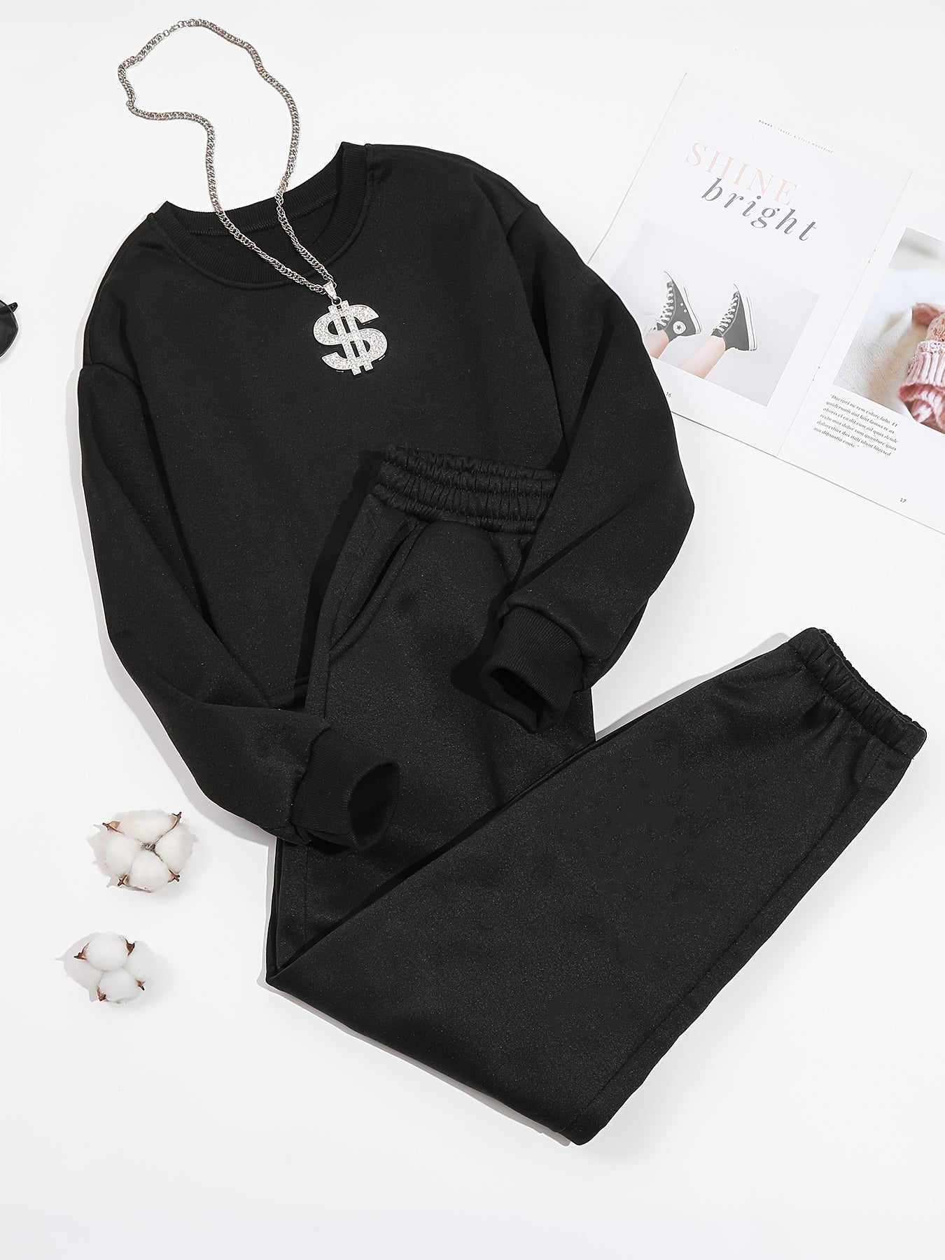 Antmvs 2pcs Long Sleeve Casual Sports Sets, Fleece Liner Crew Neck Pullover Sweatshirt & Casual Loose Sweatpants, Women's Activewear