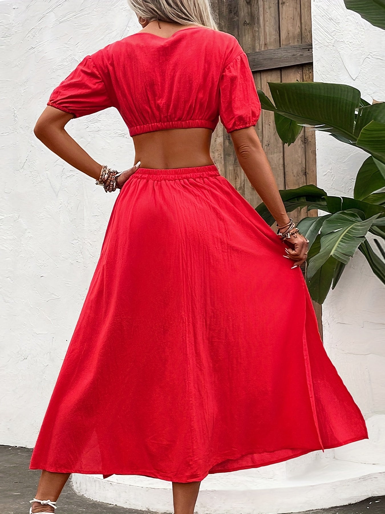 Antmvs Solid Casual Two-piece Set, Cropped Puff Sleeve Tops & Split High Waist Skirts Outfits, Women's Clothing