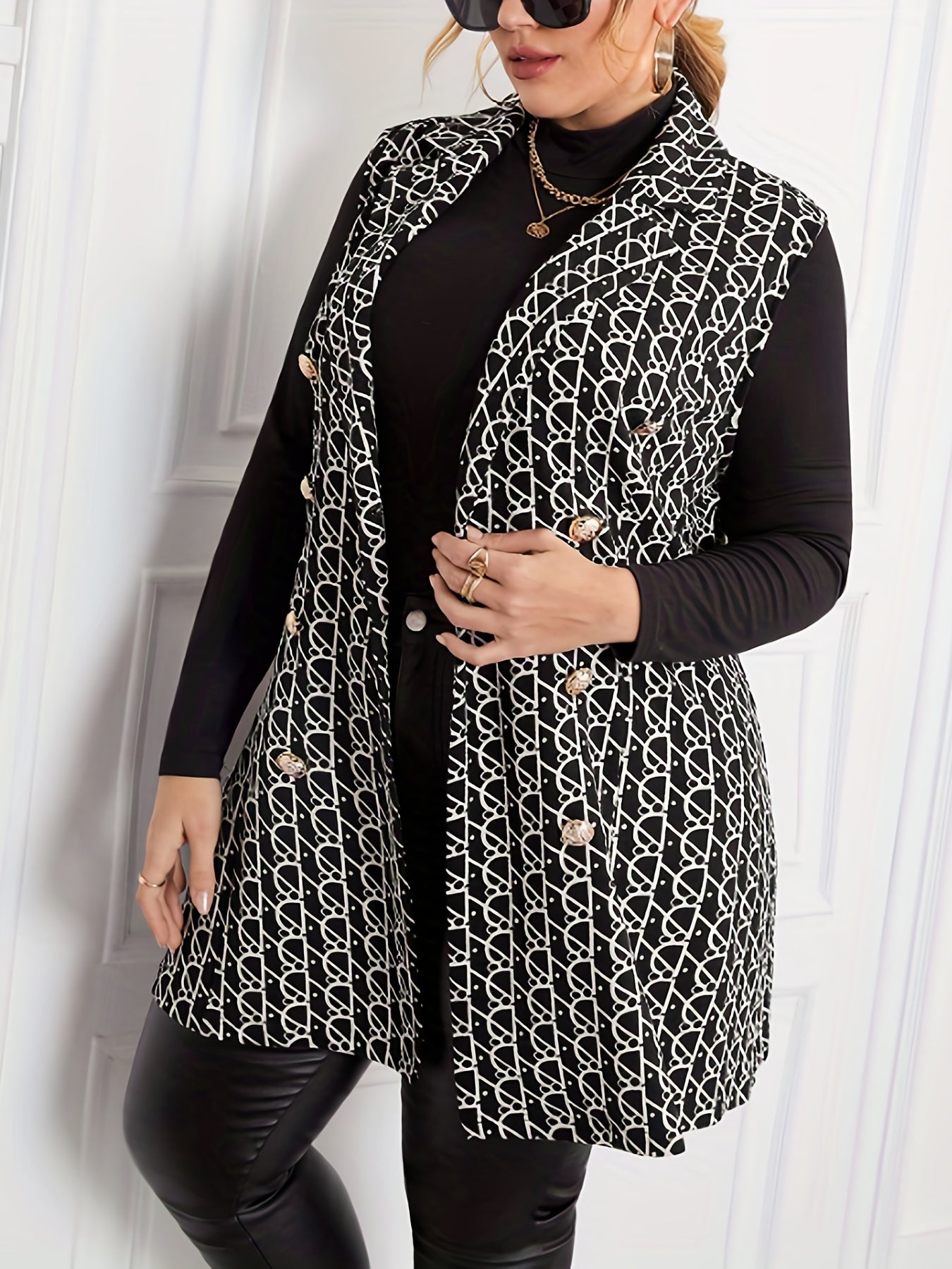 Antmvs Plus Size Casual Coat, Women's Plus Allover Geometric Print Lapel Collar Medium Stretch Vest