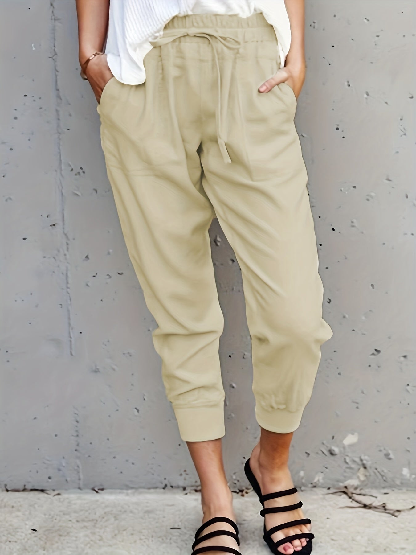 Antmvs Minimalist Drawstring Waist Pants, Solid Casual Pants For Spring & Summer, Women's Clothing