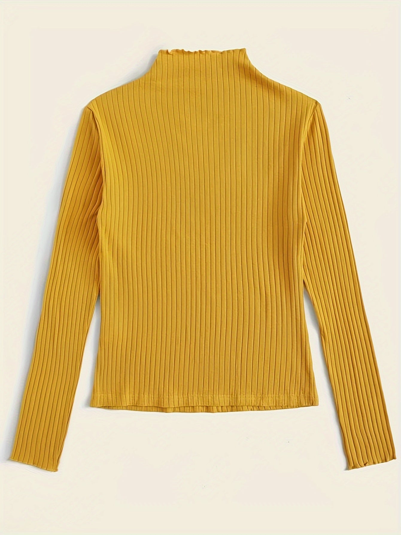 Antmvs Solid Ribbed Mock Neck T-Shirt, Casual Long Sleeve Top For Spring & Fall, Women's Clothing