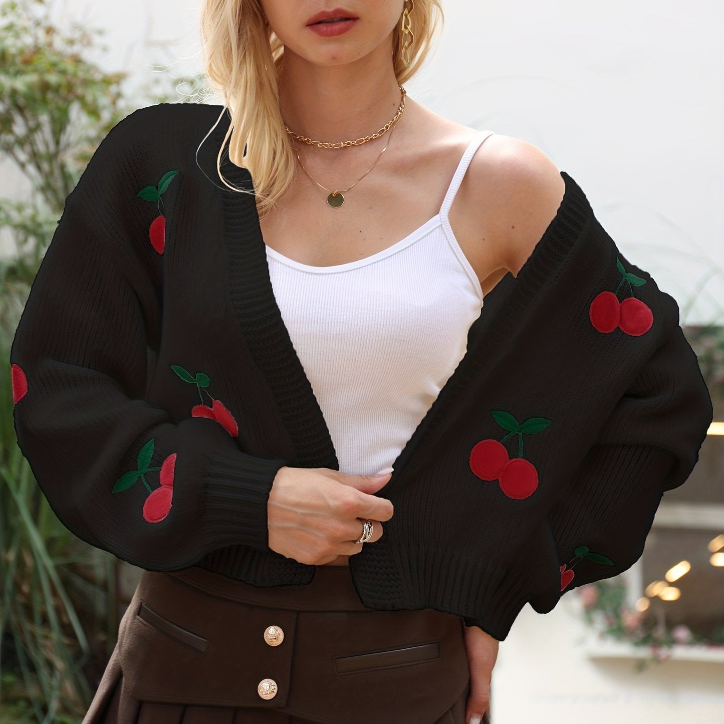 Antmvs Cherry Embroidered Knit Cardigan, Casual Open Front Long Sleeve Sweater, Women's Clothing