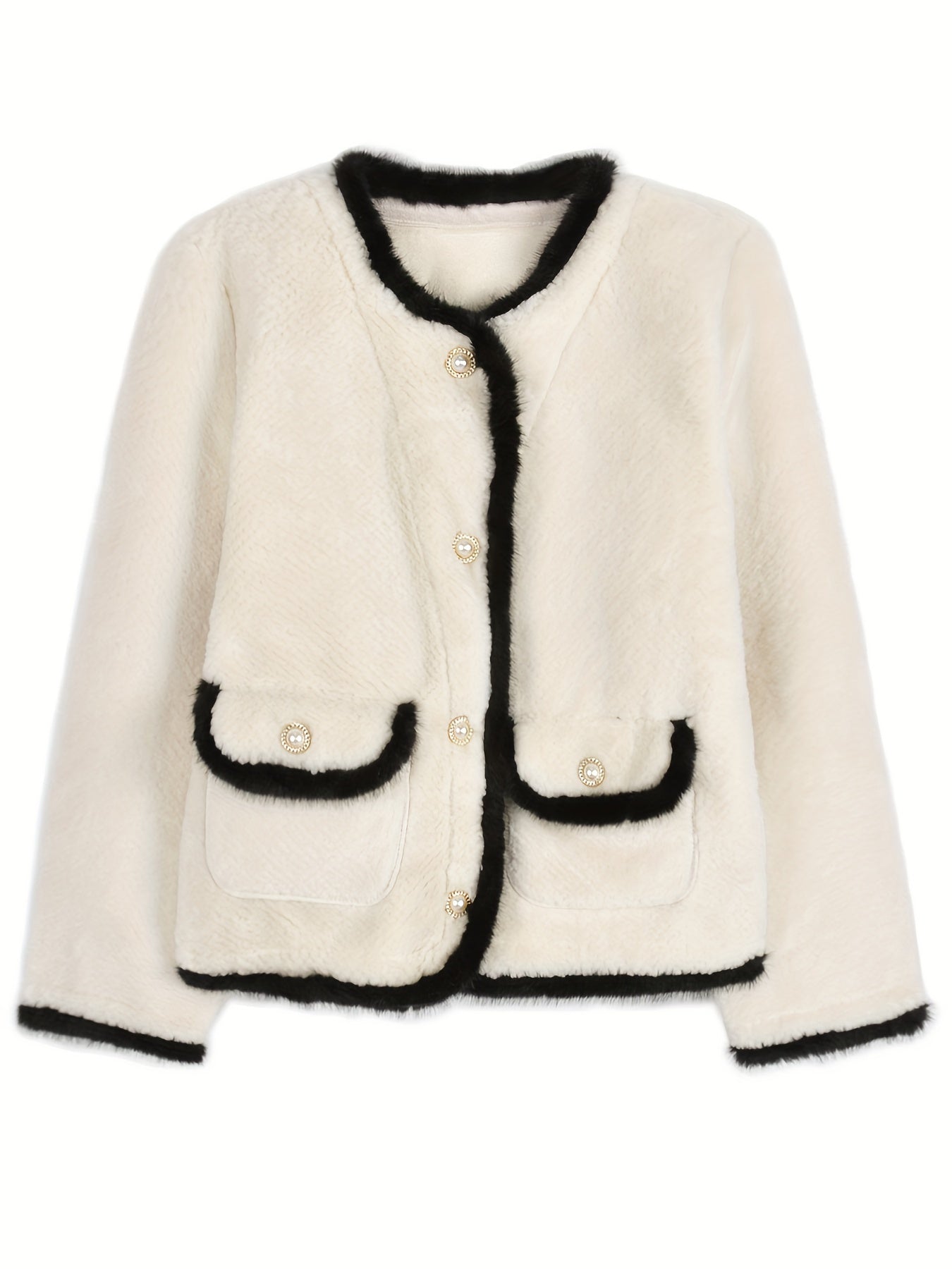 Antmvs Contrast Trim Open Front Outer Top, Elegant Flap Pockets Single Breasted Long Sleeve Coat For Fall & Winter, Women's Clothing