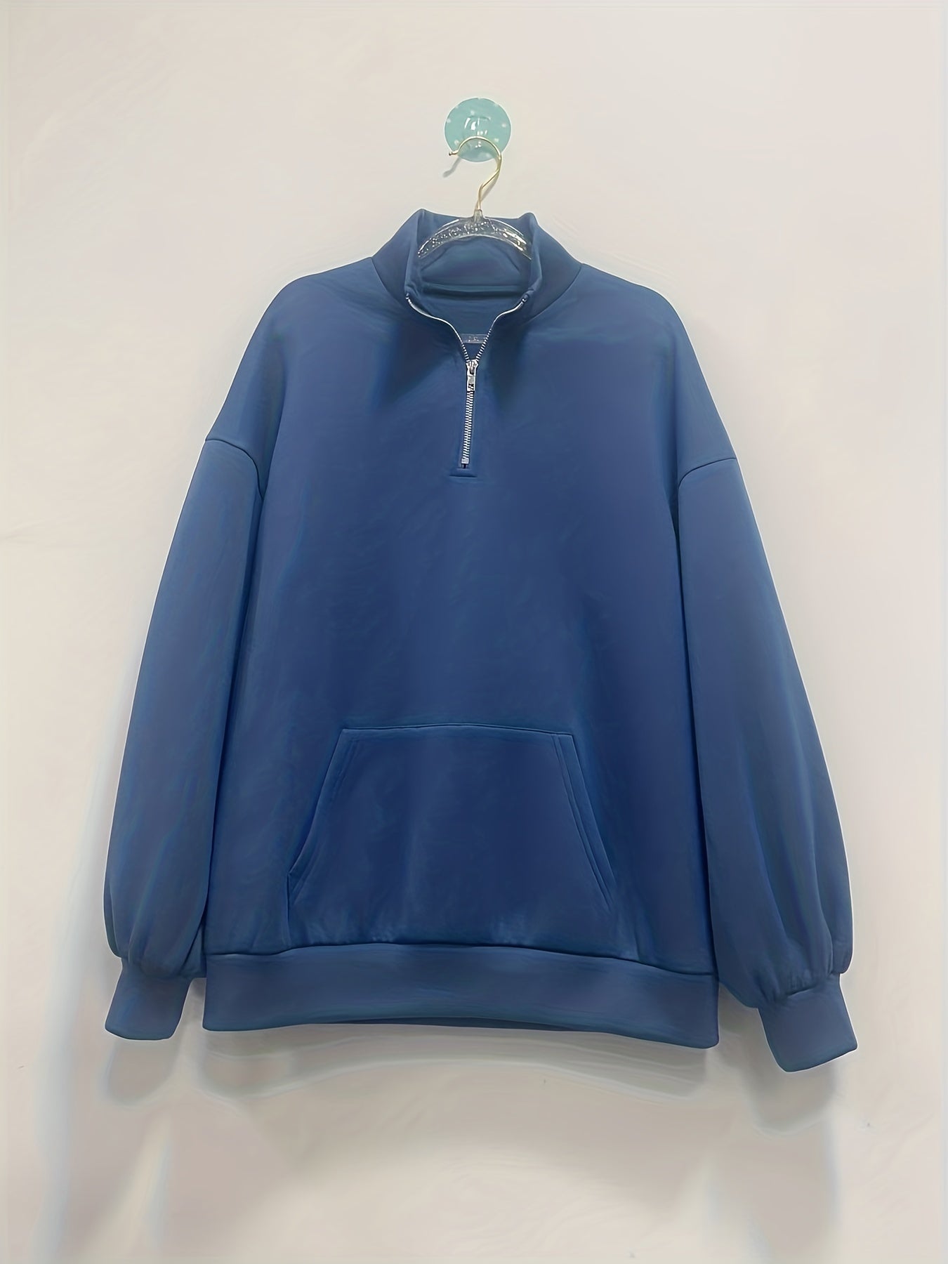 Antmvs Solid Zip Stand Collar Oversized Sweatshirt, Casual Long Sleeve Kangaroo Pocket Sweatshirt, Women's Clothing