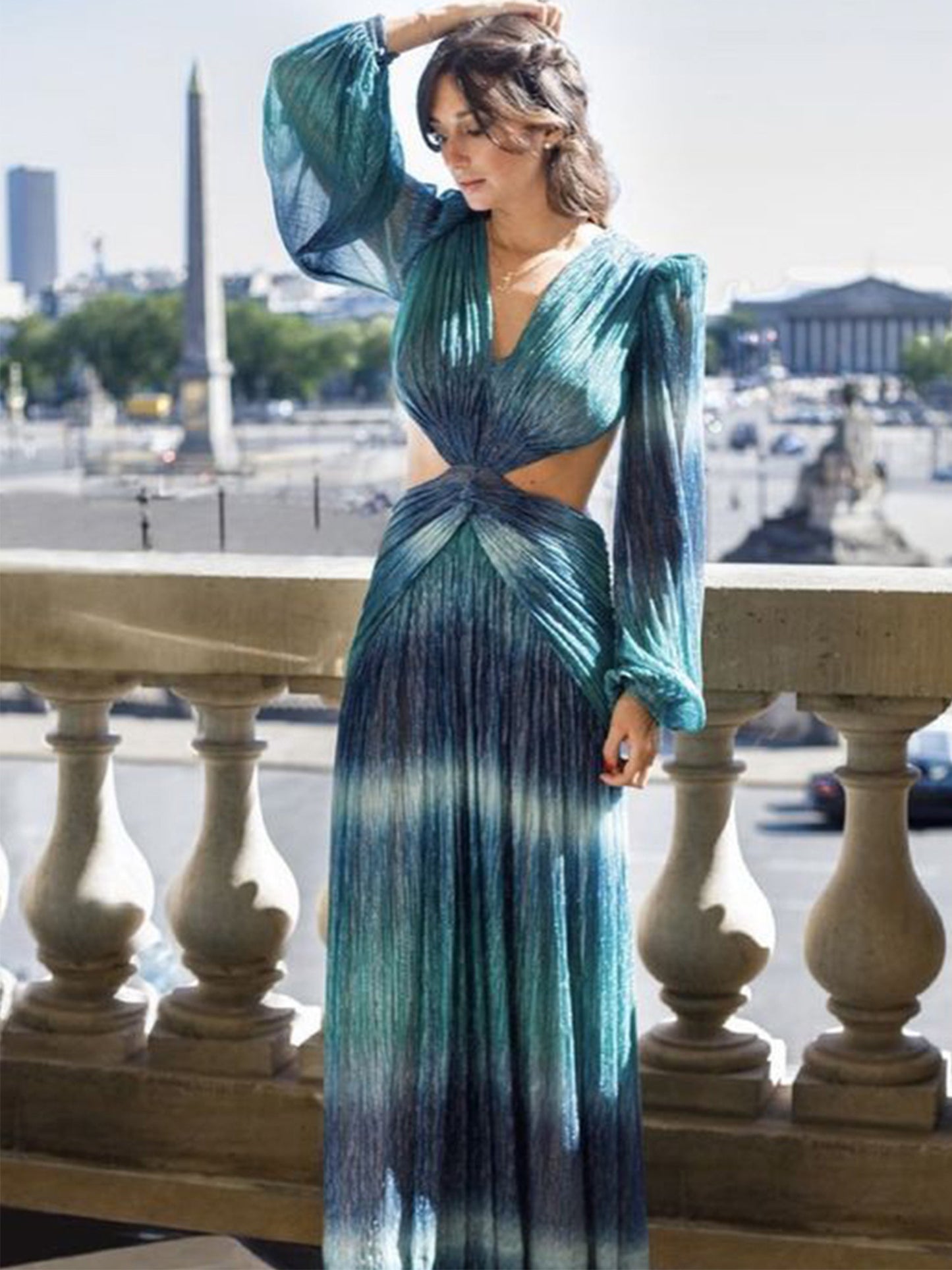 Antmvs Sexy Printed V Neck Long Sleeve Dress, Elegant Vacation Dress For Summer And Spring, Women's Clothing