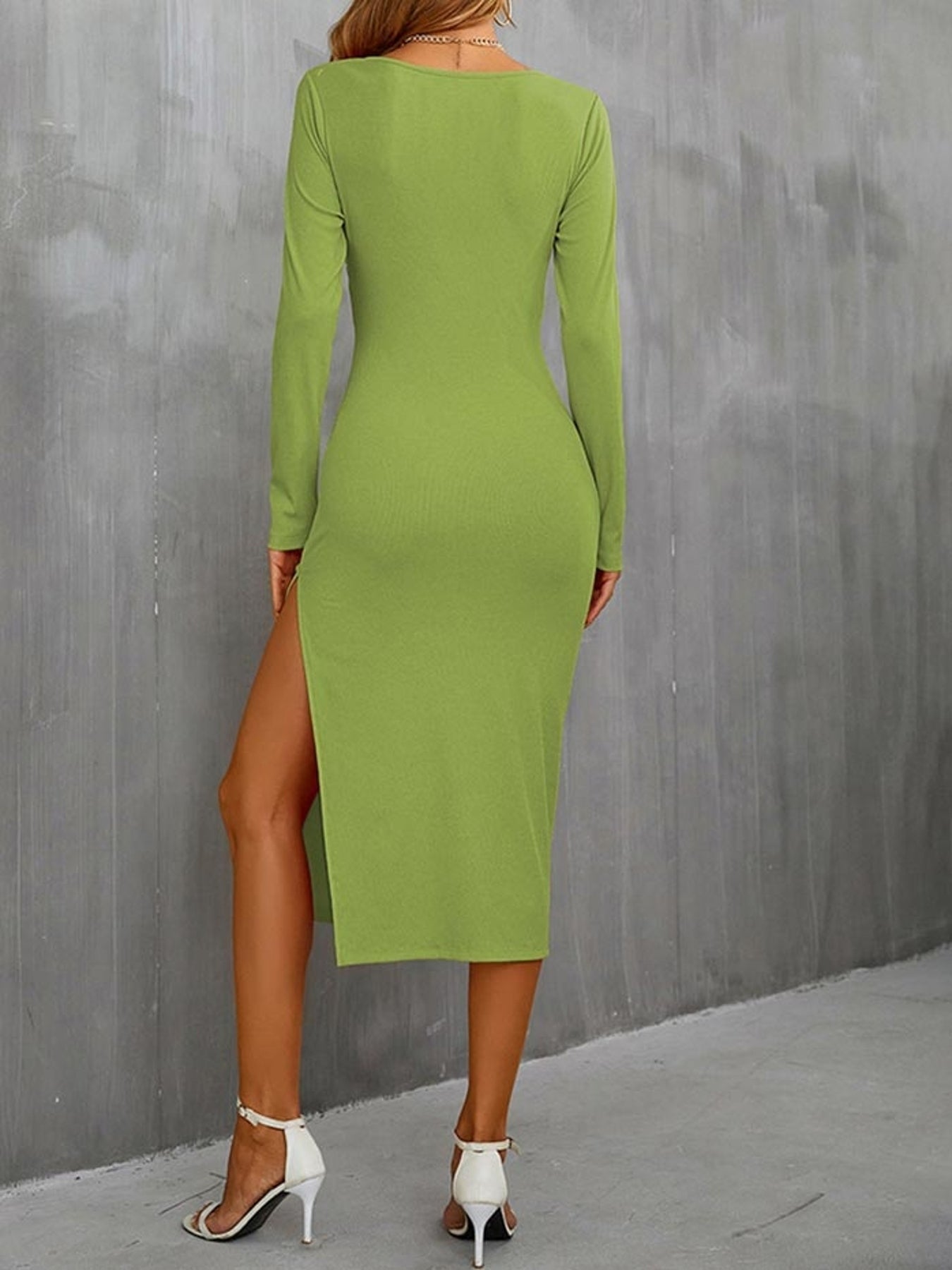 Antmvs Solid Pleated Tie Front Bodycon Dress, Casual Long Sleeve Midi Dress For Spring & Fall, Women's Clothing
